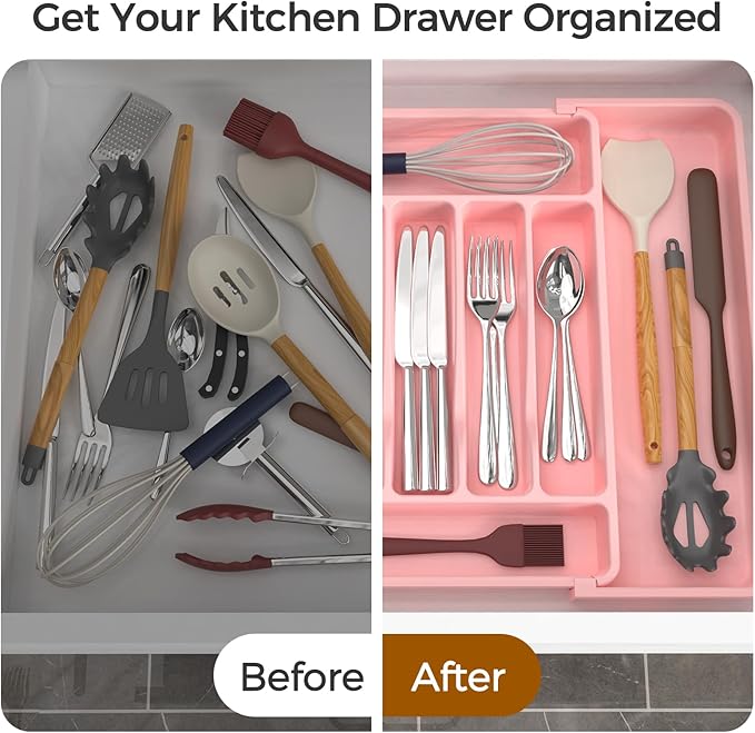Extra Large Expandable Silverware Organizer, BPA-Free Food-Safe Cutlery Flatware Organizer, Kitchen Utensil Drawer Organizer, Adjustable Silverware Holder for Spoons Forks Knives, Pink-NeatNest