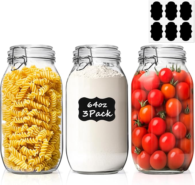 ComSaf Large Glass Jars with Lid 64 oz, Large Mason Jars Set of 3, Glass Canisters with Airtight Lids, Half Gallon Canning Jar with Seal Wire Clip Fastening for Kitchen, Pickle, Flour, Sugar, Cereal-NeatNest