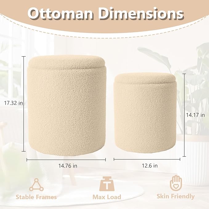 Boucle Round Ottoman with Storage Set of 2,Small Foot Stool Ottoman for Living Room, Small Coffee Table,Vanity Stool with Storage for Bedroom, Beige-NeatNest