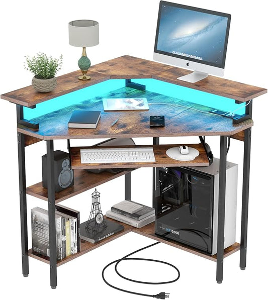 Corner Desk with Charging Station & LED Light, Triangle Corner Desk with Monitor Stand & Keyboard Tray for Small Space, Gaming Computer Desk with Storage Shelves for Home Office (Rustic)-NeatNest