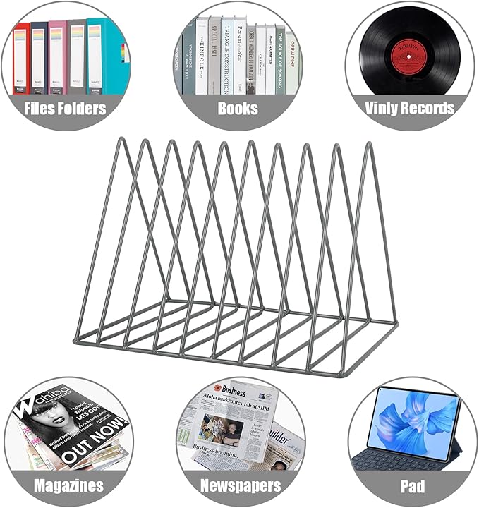 EASEPRES Vinyl Record Holder Storage, 9 Slot Metal Magazine Book Album Display Rack, Stylish Triangle Desktop File Sorter Organizer for Home Office, Grey