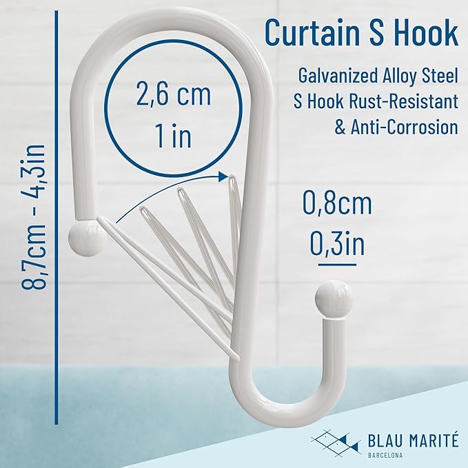 12 Decorative Metal Shower Curtain Hooks, S-Shaped Hooks with Anti-Fall System, Rust-Proof Shower Rings with Safety Buckle, Fits Rods Up to 1-Inch Diameter (S, White)-NeatNest