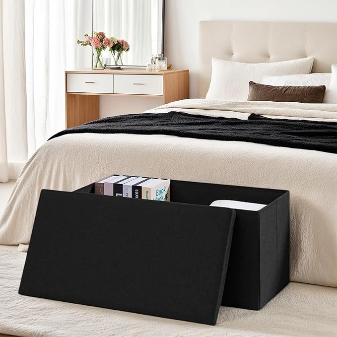 30 Inch Folding Storage Ottoman with Reversible Lid Coffee Table, Linen Fabric Multi-Functional Foot Rest & Seat for Living Room, Bedroom-Black