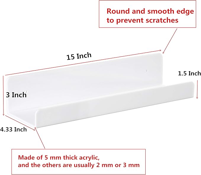 IEEK 6 PCS White Acrylic Floating Shelves Display Ledge,Wall Mounted Nursery Kids Bookshelf,15 Inch Bathroom Wall Shelf and Storage Rack,5mm Thick U Shelf-NeatNest