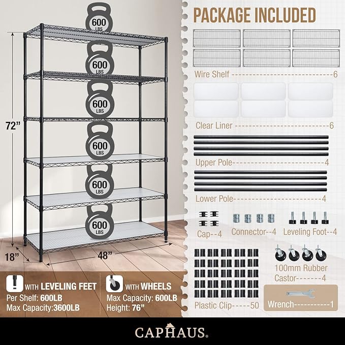 CAPHAUS NSF Heavy Duty Wire Shelving w/Wheels, Leveling Feet & Liners, Storage Metal Shelf, Garage Shelving Storage, Utility Wire Rack Storage Shelves, W/White Clear Liner, 48 x 18 x 76 6-Tier-NeatNest