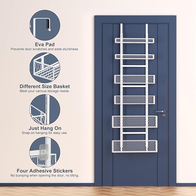 6-Tier Over The Door Pantry Organizer,Hanging Spice Rack with Adjustable Basket,Over Door Racks,Pantry Organization And Storage, Laundry Room,Bathroom,Large Capacity,D5.3xW15.7xH60.9in