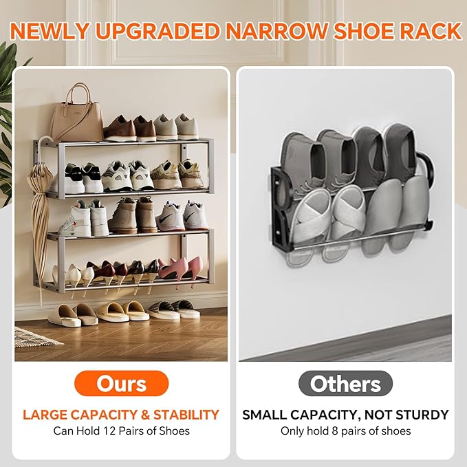 Homeiju Hanging Shoe Organizer,2 Pack Wall Mounted Shoe Rack Holds 12 Pairs,Space Saving Metal Wall Shoe Rack,Hanging Shoe Rack Shoe Holder for Small Space,Entryway,Closet,RV,Camper (Silver)-NeatNest