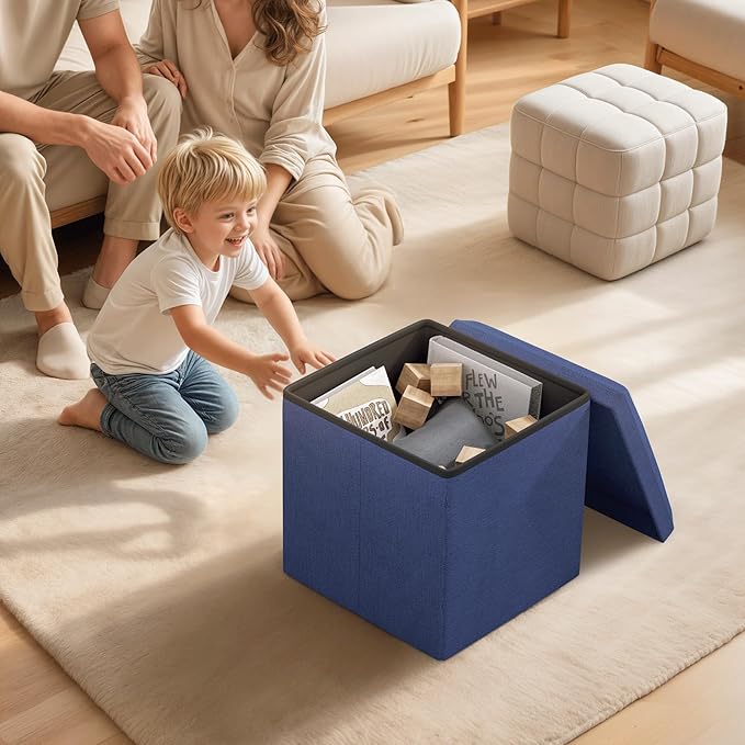 Ottoman Folding Storage Bench, 15x15x15 Inch, Foot Rest Stool for Living Room, Bedroom, Entryway, End of Bed - Multi-Functional Ottoman with Storage Navy Blue