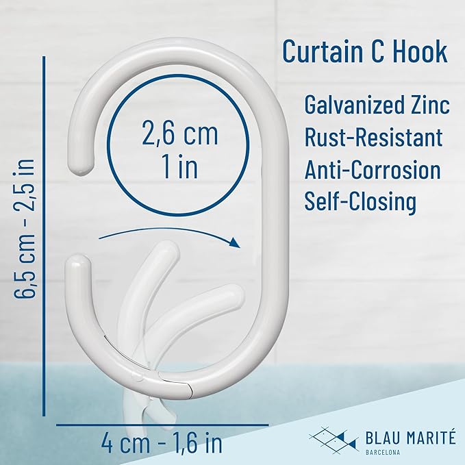12 Metal Shower Curtain Hooks, Rust-Proof Decorative C-Shaped Curtain Hooks for Bathroom, White Shower Curtain Rings, Fits Rods Up to 1 Inch (C, White)-NeatNest