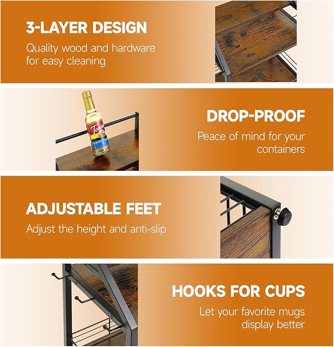 Coffee Station Organizer Mug Cup Holder Stand for Countertop, 3 Tier Coffee Syrup Organizer with 6 Hooks, Home Kitchens(Cabinets), Storage Stations, Office Desktop-NeatNest