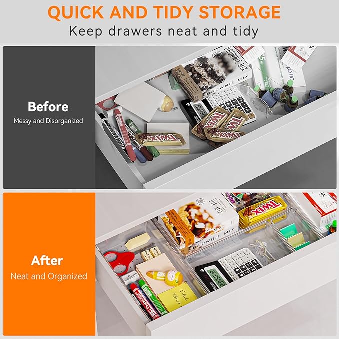6 Pack Large Clear Plastic Drawer Organizer Trays, Acrylic Kitchen Drawer Organization and Storage Dividers, Non-Slip Storage Bins for Makeup, Kitchen Utensils, Bathroom, Jewelries and Office Desk-NeatNest