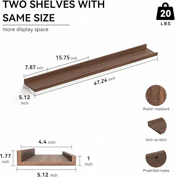 47.2 Inches Long Floating Shelves, 2 Set Farmhouse Wall Shelf for Bedroom, Nursery Book Shelf with Lip, Picture Ledge Shelf for Living Room, Bathroom, Kitchen - Walnut-NeatNest