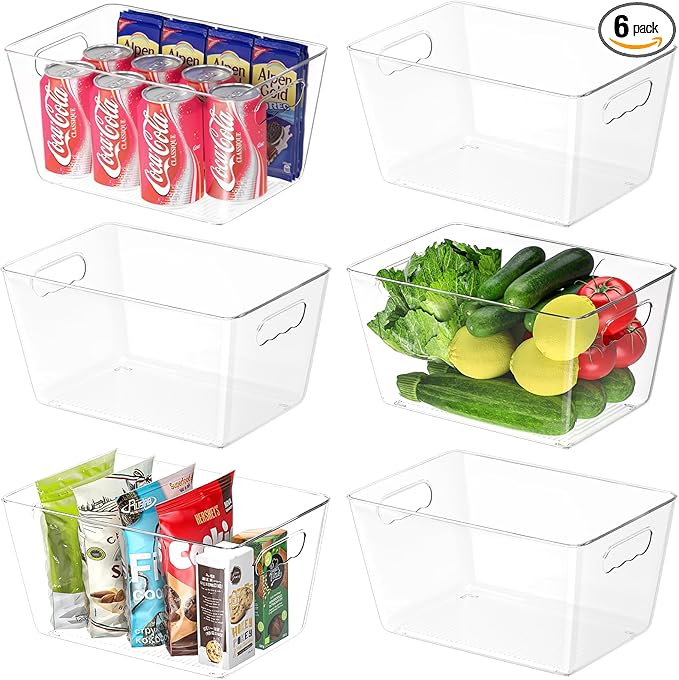 BALEINE Clear Plastic Storage Bins, Pantry Organization, BPA Free Stackable Refrigerator Organizers and Storage with Handles for Kitchen Fridge Cabinet Bathroom (6PK, 11x7.5x6)-NeatNest