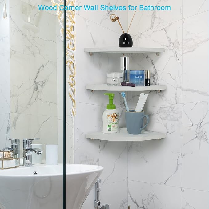 Joiishom Corner Wall Shelf Set of 3, Floating Corner Shelves, Rustic Wood Wall Storage Display Shelves for Living Room Bedroom Bathroom Kitchen (Fanshaped-White)-NeatNest
