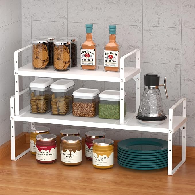 Expandable Kitchen Cabinet Shelf Organizers, Stackable Metal Pantry Storage Shelves Rack, Adjustable Counter Spice Shelf for Cabinets, Countertop, Cupboard Organizers and Storage, White-NeatNest