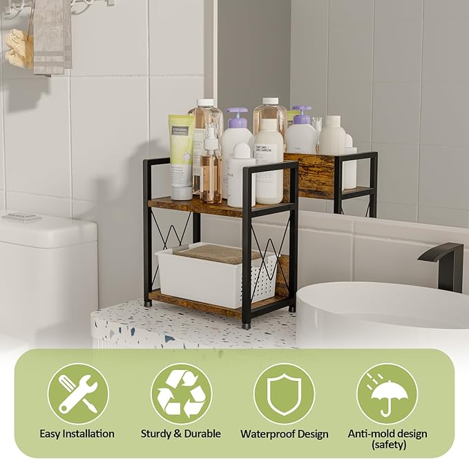Aduanbang Coffee Bar Accessories Organizer, 2 Tier Wooden Kitchen Counter Shelf, Coffee Organizer Station for Countertop, Condiment Rack for Mugs, Cups, Cream, Syrup-NeatNest