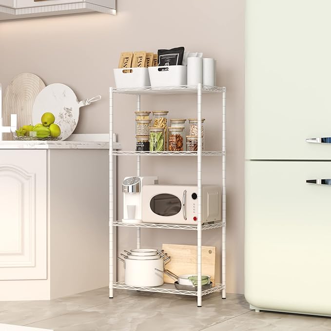 HOMEFORT 4-Shelving Unit, Adjustable Wire Shelving, Metal Wire Shelf Rack Organizer for Kitchen, Pantry, Closet, Bathroom, Laundry, White,21" W x 11" D x 41" H