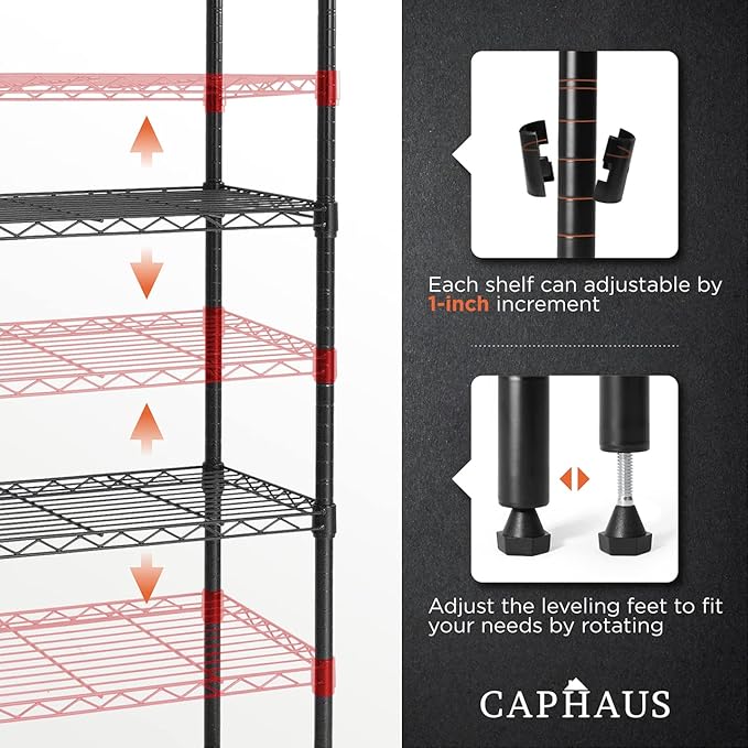 CAPHAUS 3/4/5-Tier Adjustable Height Wire Shelving Unit, Wire Rack Shelving, Metal Steel Storage Shelves, Garage Shelving Storage Organizer, Utility Storage Shelf, 5-Tier Without Wheels, Black-NeatNest