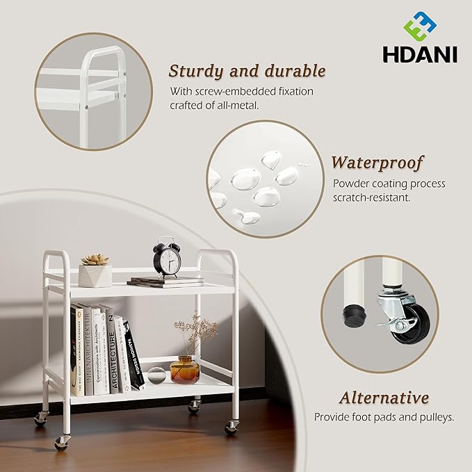 HDANI 2 Tier Under Desk Printer Stand with Storage,Microwave Storage Rack,Metal Rolling Printer Cart with Wheels for Home Office,Utility Storage Cart and Stand,White