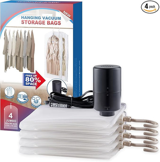 Hanging Vacuum Storage Bags, 4 Pack Hanging Storage Bags for Clothes With Electric Pump, Vacuum Sealed for Suits, Dress, Jackets (4 Long)-NeatNest
