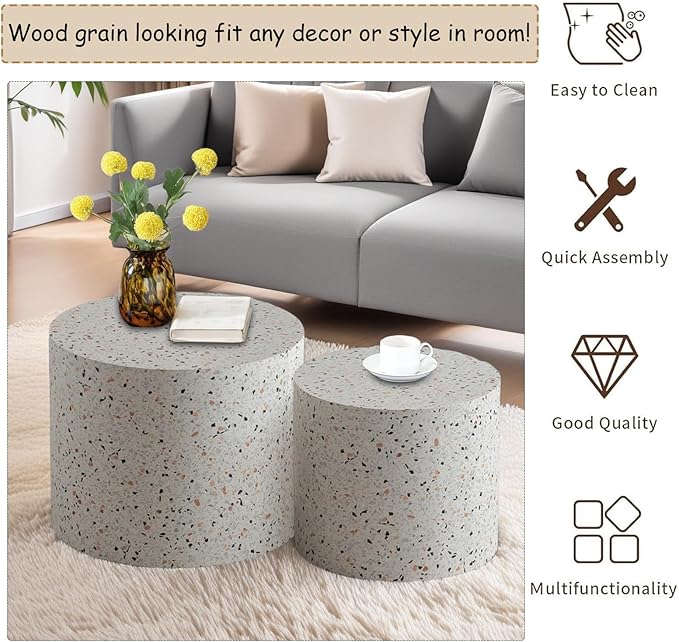 Modern Round Wooden Nesting Circle Coffee Table Set of 2 with Non-Slip Feet, Accent Side End Table, Saving Space Design and No Need Assembly,A