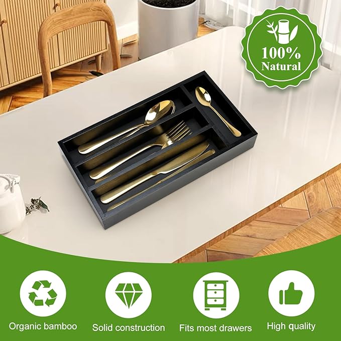 Ayiaren Small Wooden Silverware Organizer Tray Narrow Kitchen Drawer Dividers Utensil Organizers and Storage Black Cutlery Trays Spoon Flatware Organizer for Drawer Bamboo Cutlery Utensil Holder Tray-NeatNest
