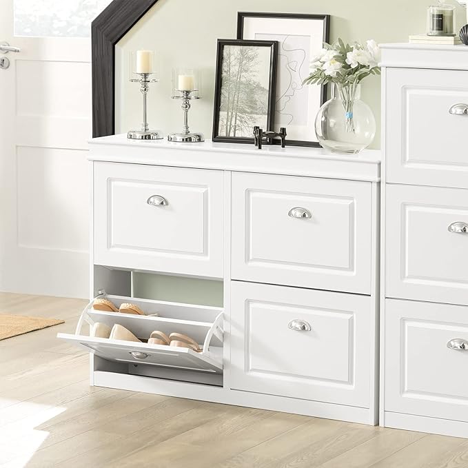 SoBuy White Shoe Cabinet with 4 Flip Drawers, Large Freestanding Shoe Rack, Modern Shoe Organizer for Entryway, Hallway, Entance FSR79-W-NeatNest