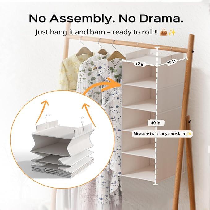 Extra Deep Hanging Closet Organizer with Shelves and Oversized Mesh Pockets, Heavy-Duty Structure, No Deformation, Max Storage for Clothes, Shoes, Hats, Dorms and RVs,1-Pack (White, 5 Tier)-NeatNest