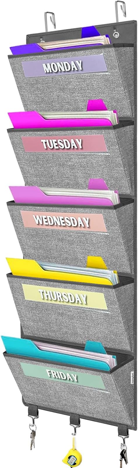 homyfort Over the Door hanging File Organizer, Weekly Hanging File Folders, Wall Organizers and Storage for Mail, Magazine, Notebooks, Office, Classroom, 5 Large Pockets, 50.39” Tall, Grey-NeatNest
