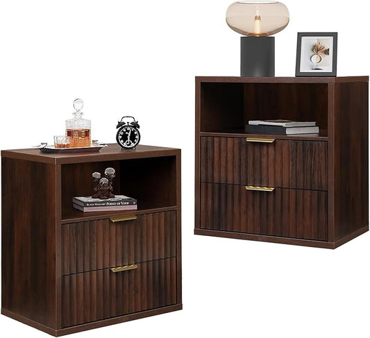 WLIVE Fluted Farmhouse Nightstand Set of 2, Narrow Night Stand Sets with 2 Storage Drawers and Open Shelf, Wood Bed Side Tables for Bedroom, Dorm, Espresso