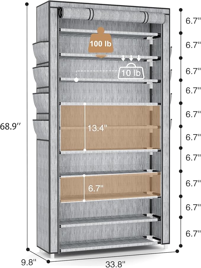 VTRIN Tall Shoe Rack with Cover, 10 Tier Shoe Organizer Storage for 50-55 Pairs Shoes and Boots Large Capacity Shoe Shelf with 8 Pockets Free Standing Shoe Rack for Closet, Entryway, Garage, Printing-NeatNest