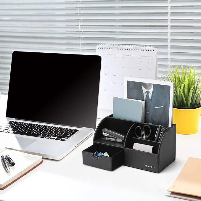 Vlando Office Supplies Desk Organizer Caddy, Desktop Hanging File Letter Document Storage Holder with Drawer Organizer Section for Office Home (Black)-NeatNest