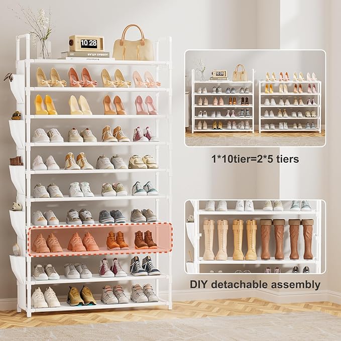 Tall Shoe Rack 10 Tier Shoe Racks Organizer for Closet 40-45Pairs,Large Capacity Storage Rack for Shoes with 5Hooks,Sturdy Metal Shoe Shelf, Vertical Shoe Stand Tower-NeatNest