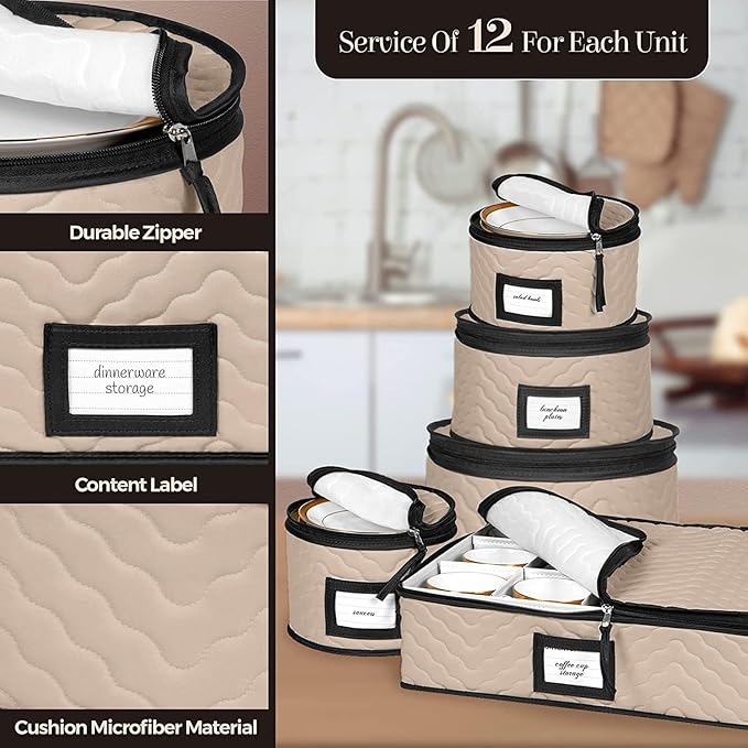 China Storage Containers 5-Piece Set Moving Boxes for Dinnerware, Glasses, Plates, Mugs and Saucers Sturdy Quilted Microfiber Dish Organizer with Dividers for Seasonal Storage - Brown-NeatNest