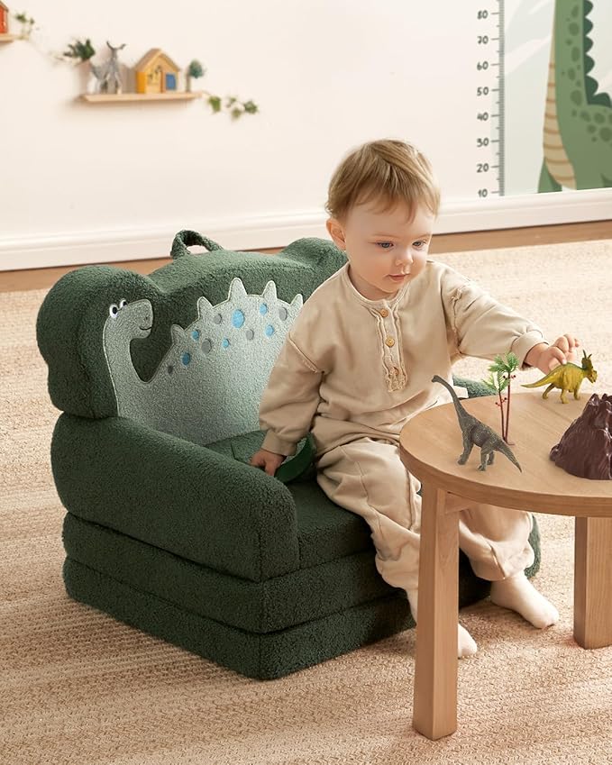 Blissful Diary Kids Couch, 2-in-1 Soft Toddler Couch Fold Out, Toddler Chair Comfy, Convertible Sofa to Lounger, Kids Furniture for Playroom, Gift for Birthday, Children's Day, Green Dinosaur-NeatNest