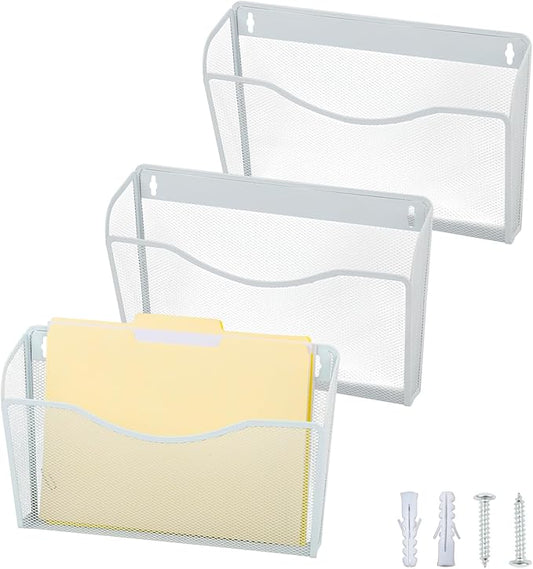 EASEPRES 3 Single Pocket Mesh Hanging File Organizer, Vertical Wall Mounted Magazine File Holder, Mount Basket Mail Paper Document Folder Organizing for Office, Home and School, White
