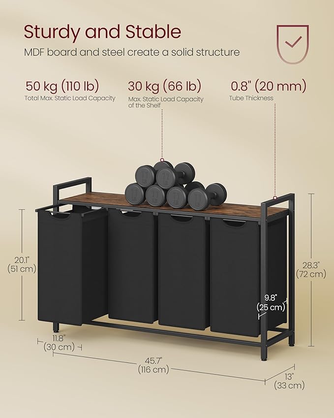 VASAGLE Laundry Hamper, Laundry Basket, Laundry Sorter with 4 Pull-Out and Removable Bags, Shelf, Metal Frame, 4 x 10.6 Gallons (40 L), 45.7 x 13 x 28.4 Inches, Ink Black and Rustic Brown UBLH401B01-NeatNest