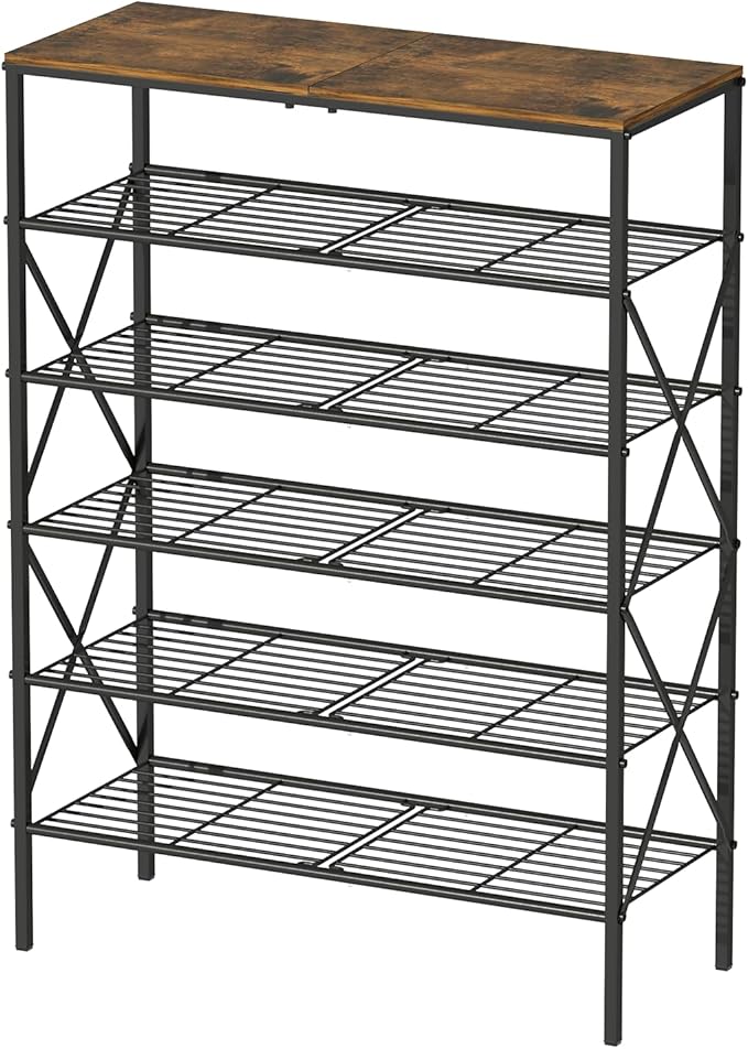 6-Tier Shoe Rack Organizer, Large Capacity Shoe Storage Shelf for Entryway, Closet, Rustic Brown & Black, Metal Mesh Shelves, Holds up to 24 Pairs of Shoes, Easy Assembly, Adjustable Feet-NeatNest