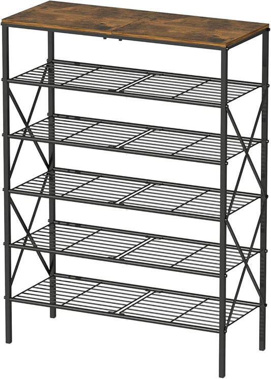 6-Tier Shoe Rack Organizer, Large Capacity Shoe Storage Shelf for Entryway, Closet, Rustic Brown & Black, Metal Mesh Shelves, Holds up to 24 Pairs of Shoes, Easy Assembly, Adjustable Feet-NeatNest