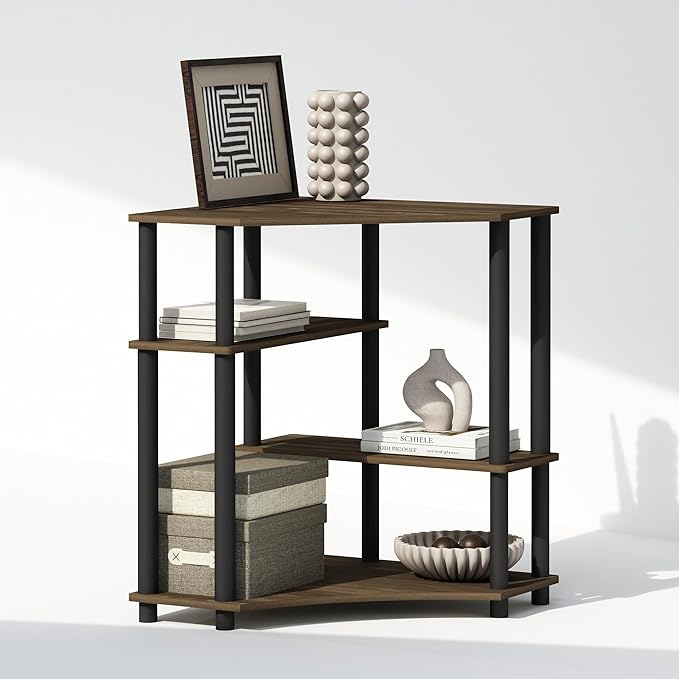 Furinno Turn-N-Tube Multipurpose Corner Shelf, Display Rack, Bookshelf, Columbia Walnut/Black-NeatNest