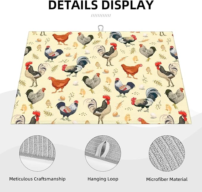 Chicken Dish Drying Mat for Kitchen Counter Cute Kitchen Mat Microfiber Kitchen Countertop Absorbent Reversible Drainer Rack Pad Dish Drying Mat 18 x 24 Inch-NeatNest
