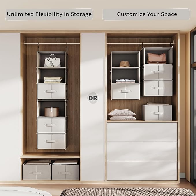 Vailando 6-Shelf Hanging Closet Organizer, 2 Separable 3-Shelf Hanging Shelves with 3 Drawers for Wardrobe, Nursery, Baby Clothes Organization and Storage-NeatNest