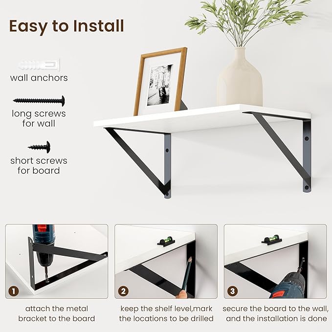 Fun Memories Deep Floating Shelves for Wall, 16W x 8D Wall Mounted Shelves Set of 2, Wide Display Ledge Shelf with Sturdy Metal Brackets for Living Room, Bathroom, Bedroom and Kitchen, White-NeatNest