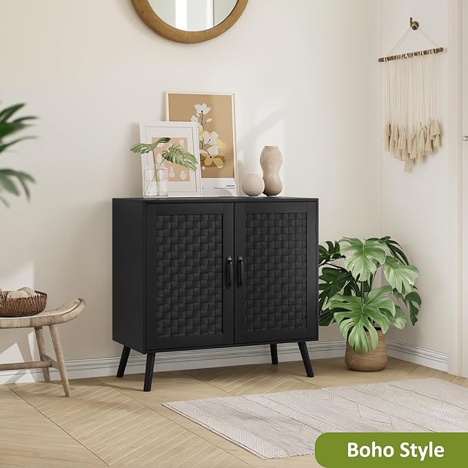 Black Buffet Sideboard Cabinet, Storage Cabinet with Handmade PVC Rattan Decor Doors, Wooden Coffee Station with Adjustable Shelf for Kitchen, Living Room, Entryway-NeatNest