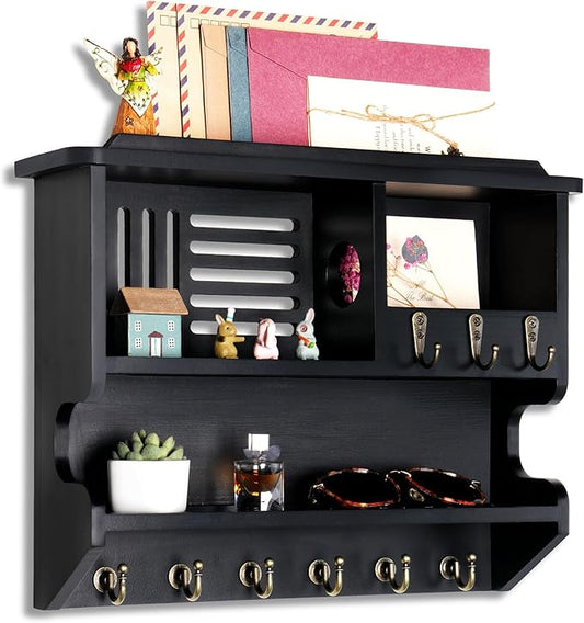 Key Holder for Wall, Mail and Key Holder for Home Decor, Key and Mail Holder for Wall with Key Hooks, Black