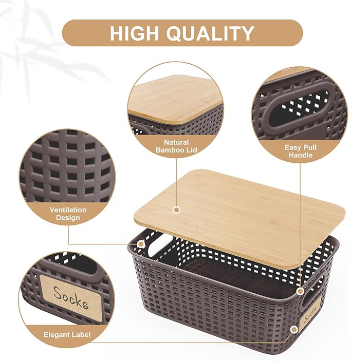 6-Pack Stackable Storage Bins with Bamboo Lids, Small 5 Qt Decorative Plastic Storage Baskets Boxes Containers with Labels for Organizing Shelves Classroom Closet Office Bathroom, Brown-NeatNest
