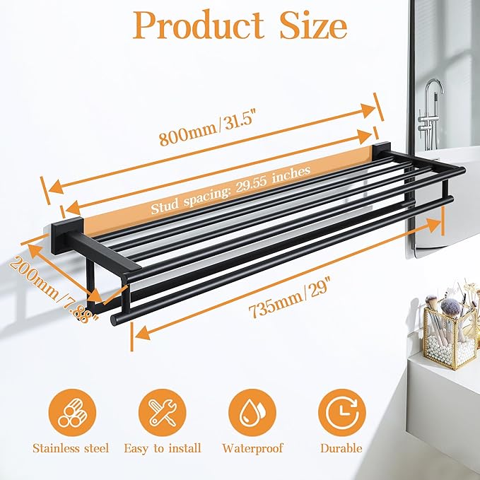 Alise Towel Rack for Bathroom,Large Towel Holder Towel Shelf with Double Towel Bars for Bathroom Lavatory,SUS 304 Stainless Steel Wall Mount Towel Hanger,Matte Black,32 Inch