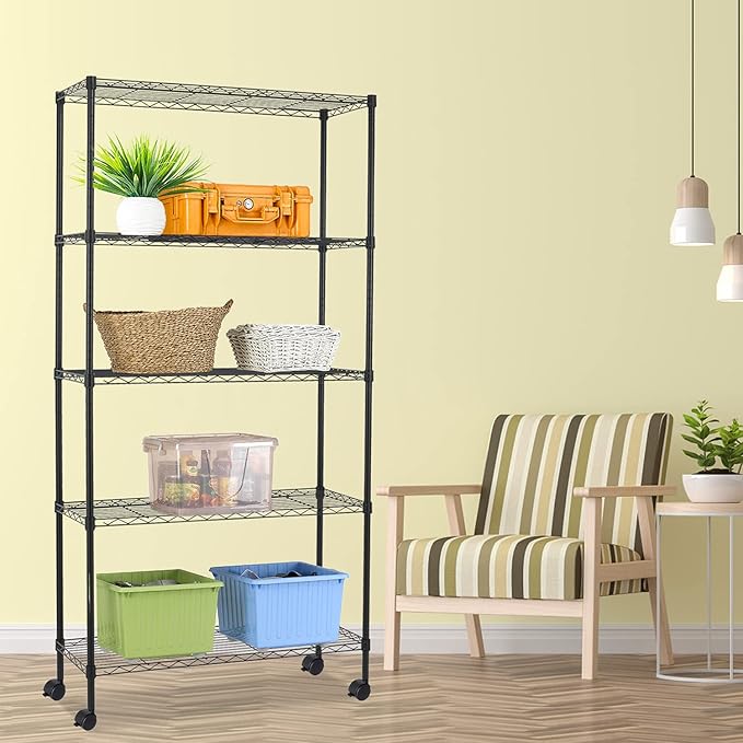 5-Tier Wire Shelving Unit Storage Shelves with Wheels Metal Shelves 60"x30"x14 Heavy Duty Metal Storage Rack NSF Height Adjustable for Home Kitchen Bathroom Garage Pantry Organization(Black)