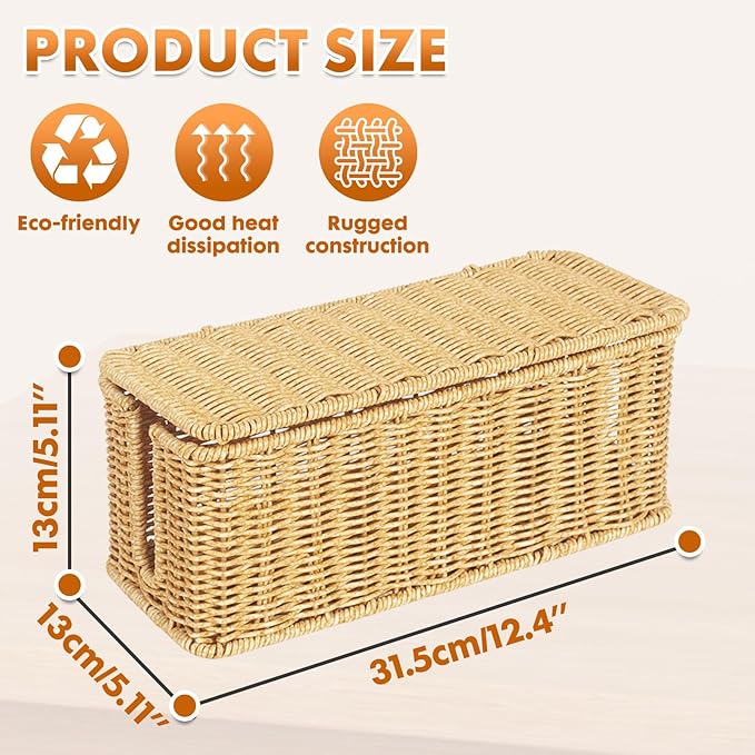 Cable Management Box Organizer,Handmade Rattan Cable Organizer with Lid,2 Side Open Slots Cord Organizer Hider Box to Hide Power Strip & Under Desk for Desk, Floor,12.4" x 5.11" x 5.11"