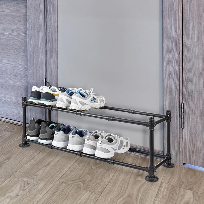 MyGift 2 Tier Rustic Industrial Matte Black Metal Pipe Freestanding Expanding Shoe Rack, Customizable Footwear Storage Organizer Stand, Holds up to 8 Pairs-NeatNest